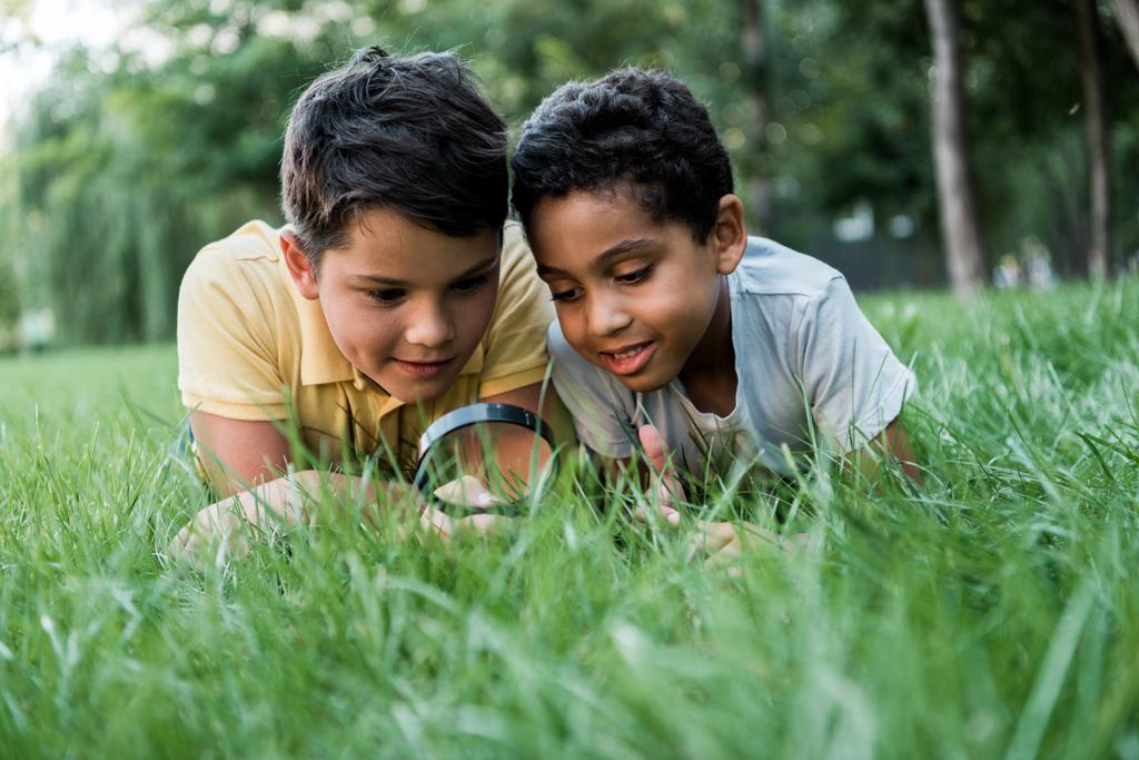 messa a fuoco selettiva di ragazzi multiculturali sdraiati sull'erba e guardando attraverso la lente d'ingrandimento
   - Foto, immagini