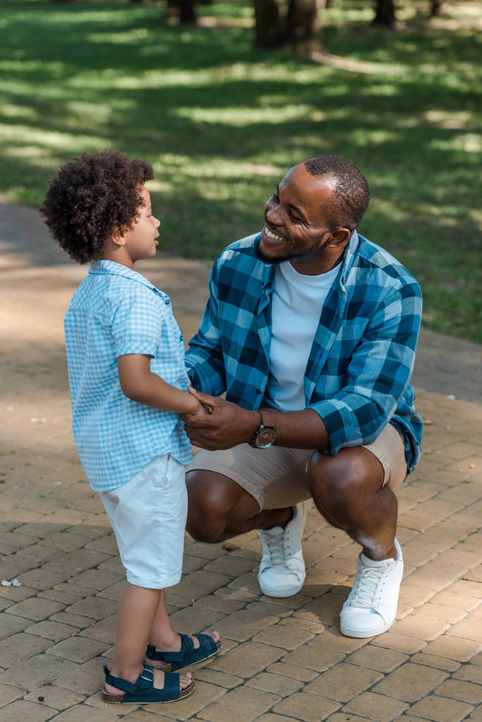 alegre afro-americano homem de mãos dadas com bonito filho no parque
  - Foto, Imagem