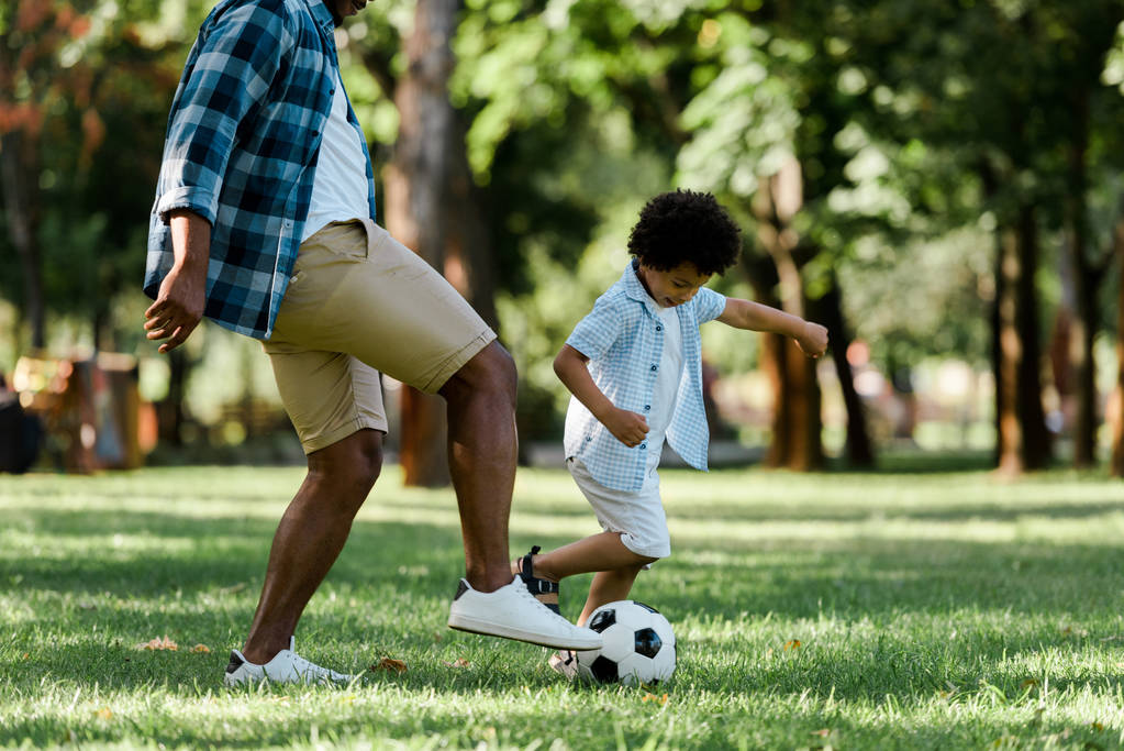 oříznutý pohled na afroamerického otce, který hrál fotbal se synem  - Fotografie, Obrázek