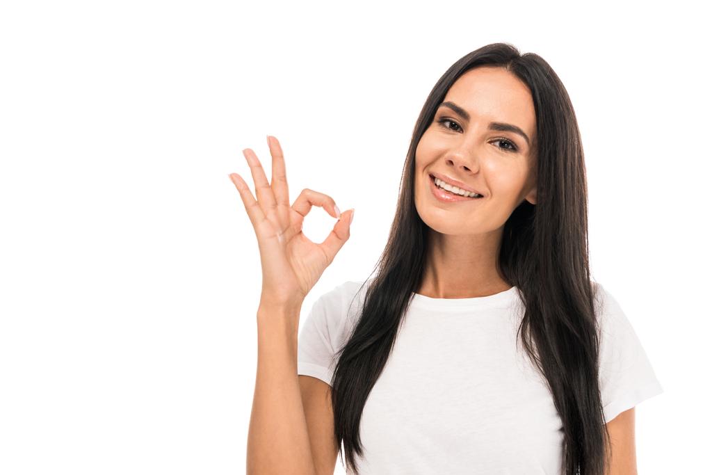 щаслива жінка, показуючи знак ОК ізольовано на білому
  - Фото, зображення