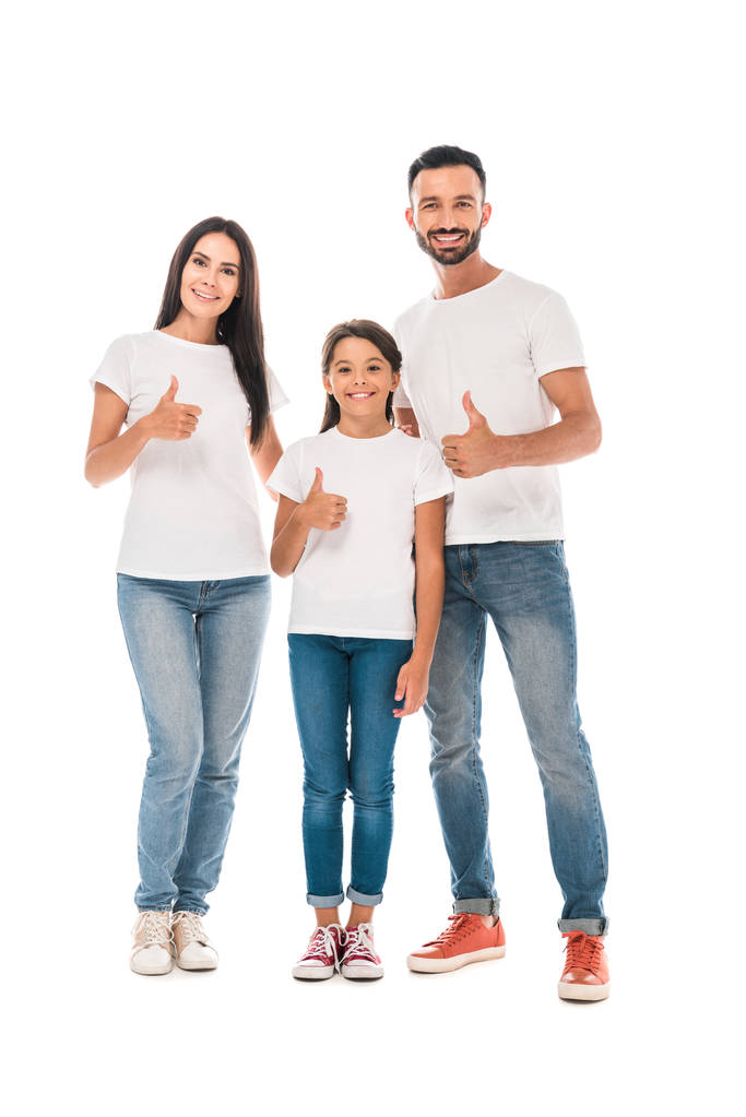 boldog család mosolyog, miközben mutatja hüvelykujját fel elszigetelt fehér  - Fotó, kép