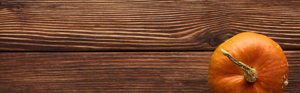 tiro panorâmico de pequena abóbora laranja na superfície de madeira marrom com espaço de cópia
 - Foto, Imagem