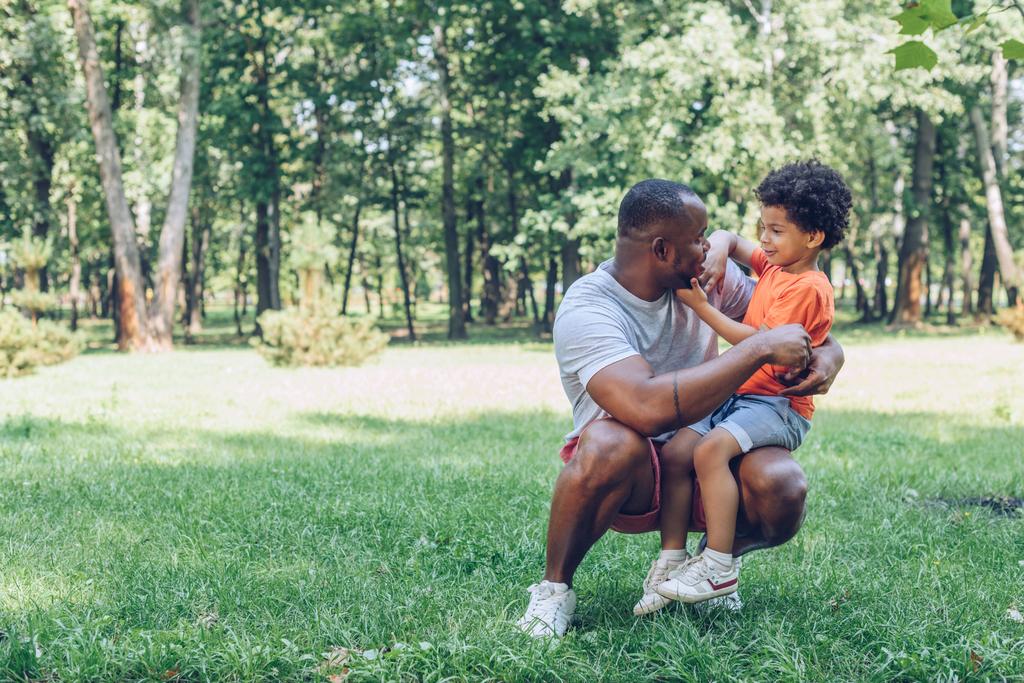 χαριτωμένο αφροαμερικανό αγόρι κάθεται στα γόνατα του ευτυχισμένου πατέρα στο πάρκο - Φωτογραφία, εικόνα