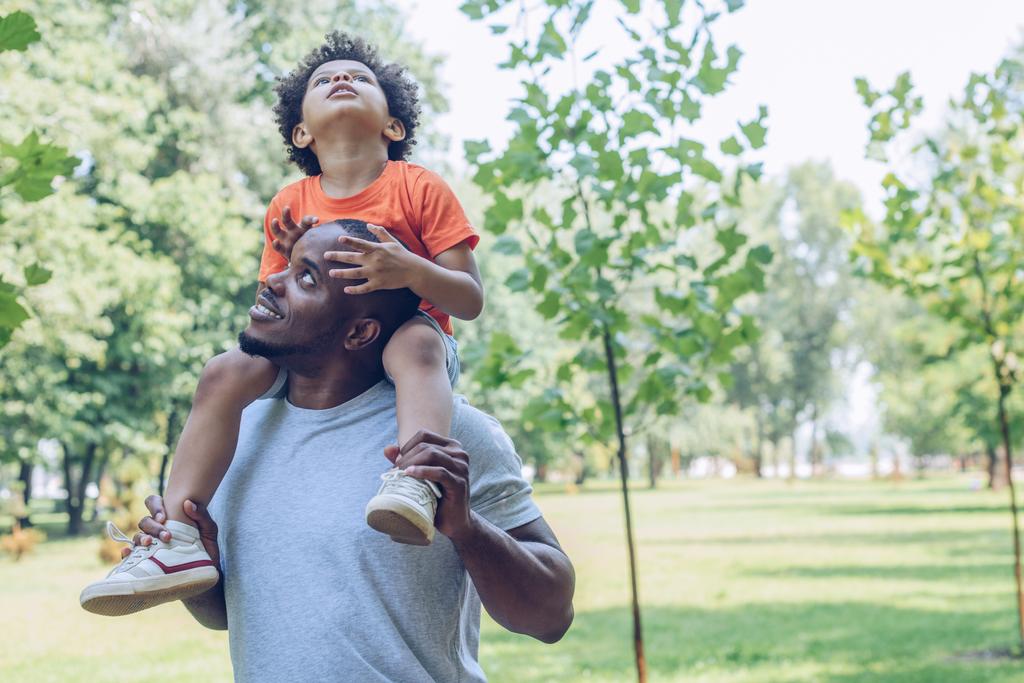 Χαρούμενος Αφροαμερικάνος πατέρας με αξιολάτρευτο γιο στο πάρκο. - Φωτογραφία, εικόνα