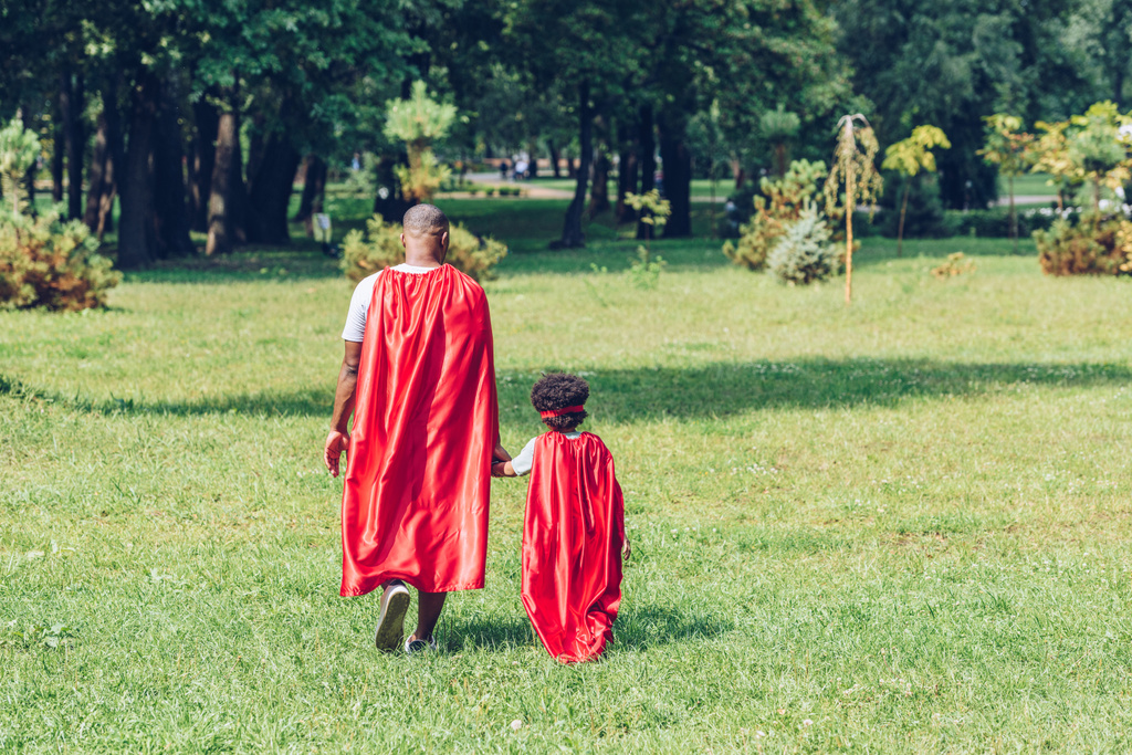 zpět pohled na afrického amerického otce a syna držící se za ruce při chůzi v kostýmech superhrdinů v parku - Fotografie, Obrázek