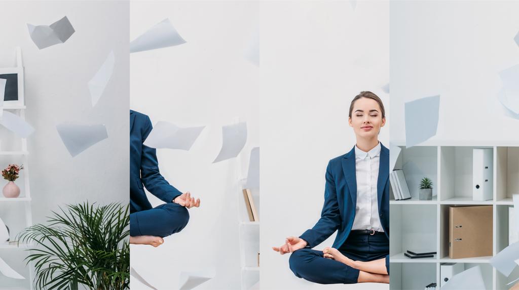 Коллаж молодой предпринимательницы с закрытыми глазами, медитирующей в воздухе с бумагой на рабочем месте
 - Фото, изображение
