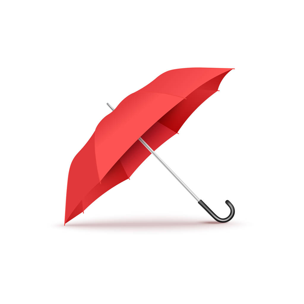 Realistyczny czerwony otwarty parasol z zakrzywioną czarną rączką leżącą na boku - Wektor, obraz