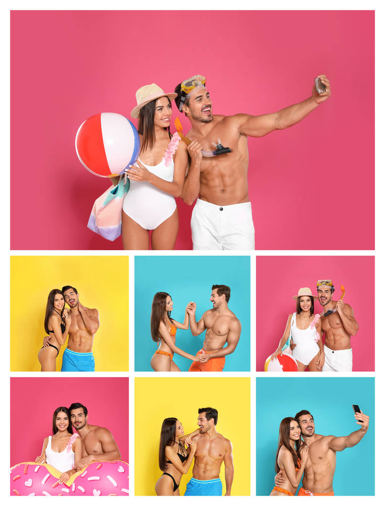 Collage einer schönen jungen Frau im Bikini mit ihrem Freund auf farbigem Hintergrund. Liebes Paar  - Foto, Bild