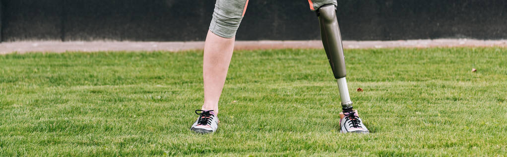 colpo panoramico di sportiva disabile in piedi sull'erba
 - Foto, immagini