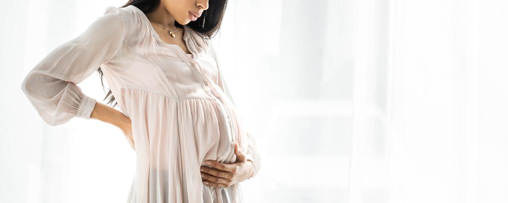панорамний знімок вагітної афроамериканської жінки, що обіймає живіт
  - Фото, зображення