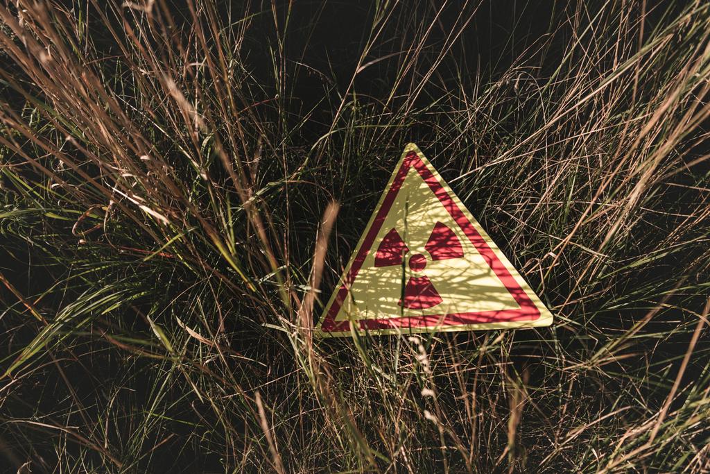 ylhäältä näkymä kolmion varoitus myrkyllinen symboli ruoho, post apokalyptinen käsite
 - Valokuva, kuva
