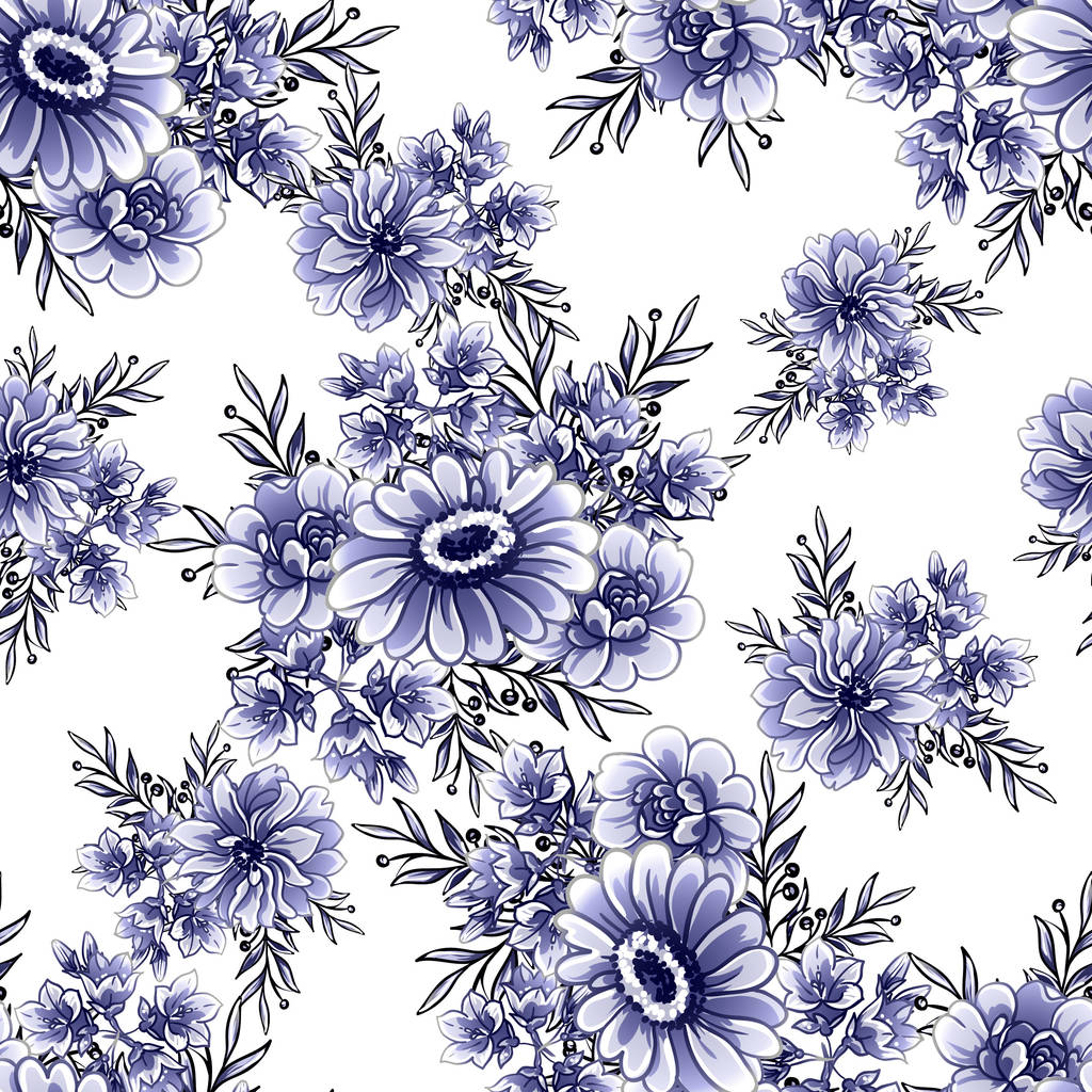 Безшовний синій монохромний вінтажний візерунок з квітами
 - Вектор, зображення
