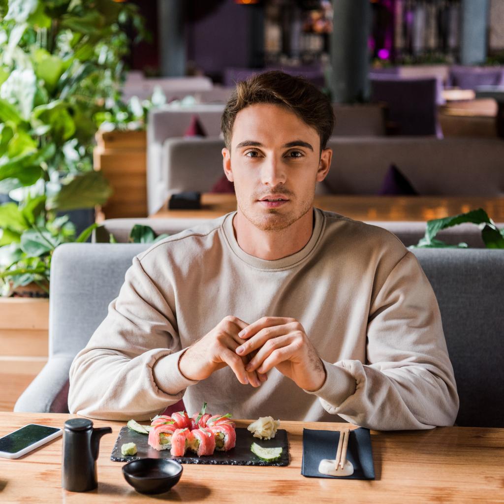 hombre guapo sentado en sushi bar cerca de deliciosa comida
  - Foto, Imagen