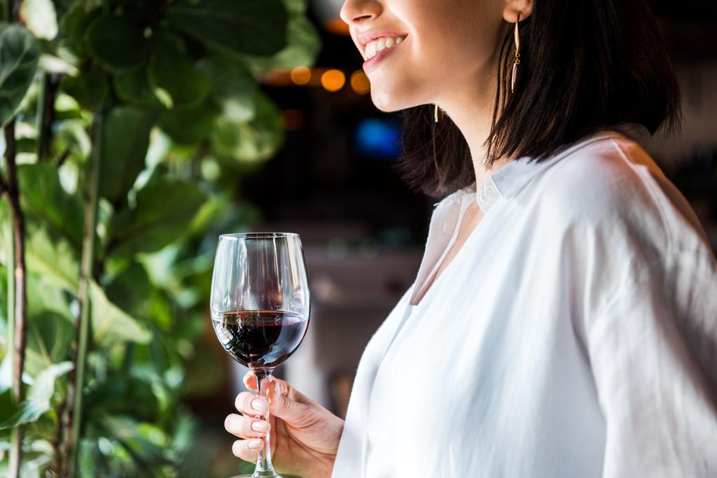 vista recortada de mujer alegre sosteniendo vaso de vino tinto
  - Foto, Imagen