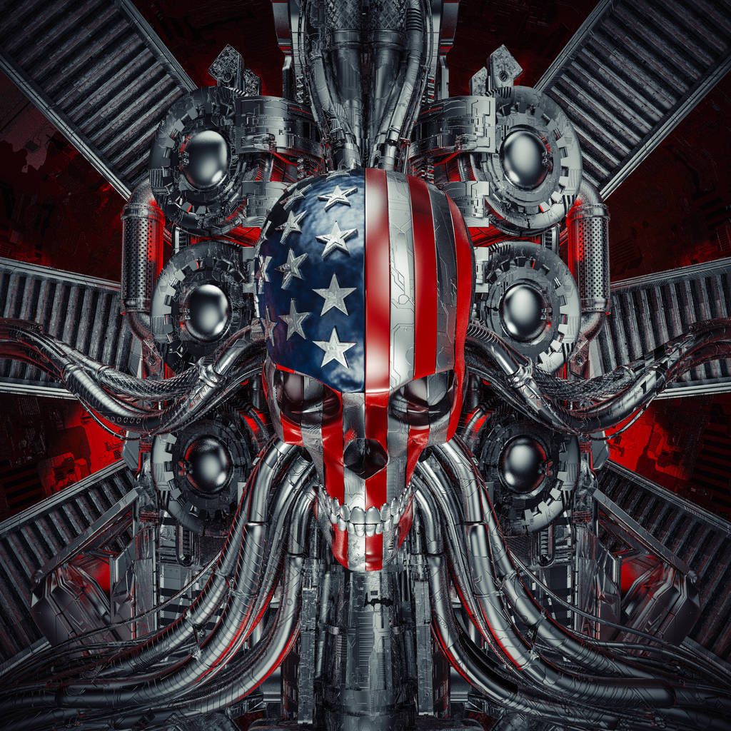 Amerikai rémálom/3D illusztráció-ból ijesztő ringat ' n zsemlye USA zászló koponya-val króm motorkerékpár motor gép - Fotó, kép