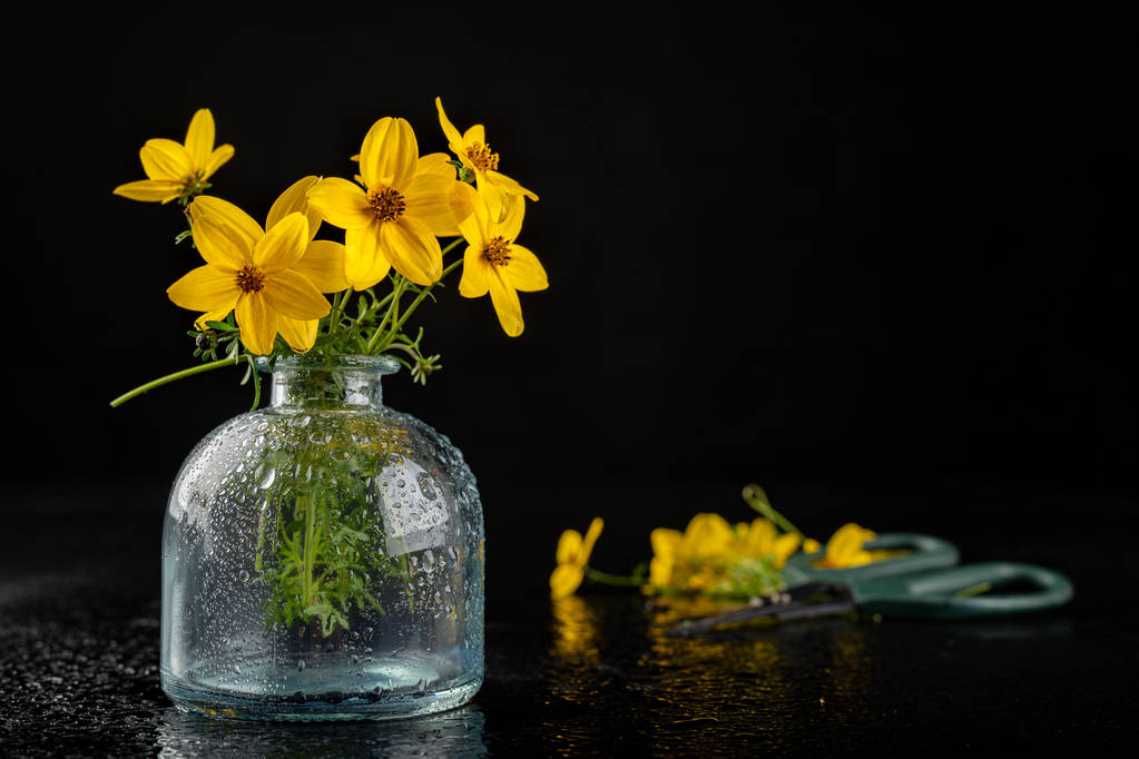 暗いテーブルの上のガラスの花瓶の新鮮な野生の花。美しい共同 - 写真・画像
