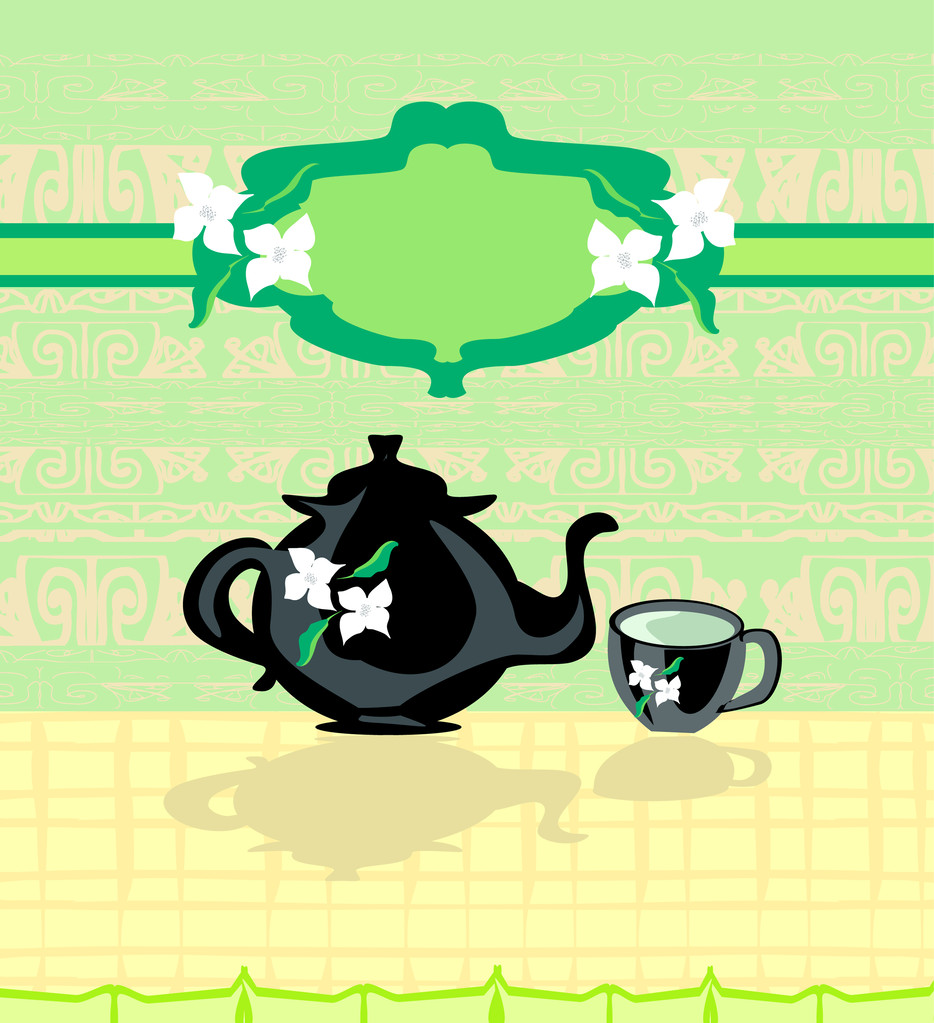 bannière avec bouilloire et tasse de thé vert - Vecteur, image