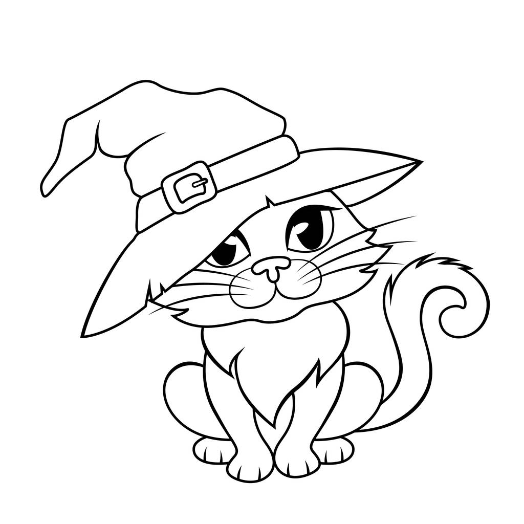 魔女の帽子をかぶったハロウィン猫塗り絵用白黒イラスト ロイヤリティフリーのベクターグラフィック画像