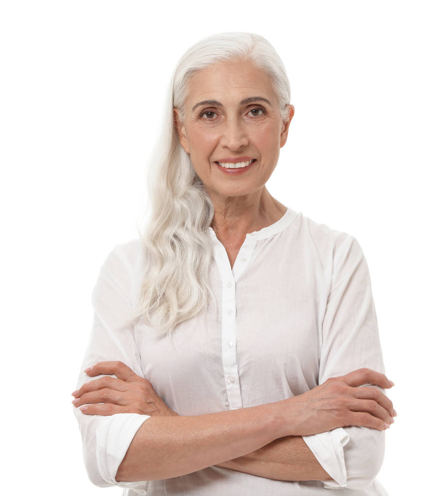 Fehér háttér gyönyörű érett nő portréja - Fotó, kép