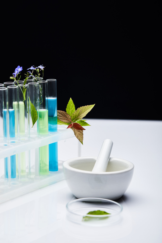 skleněné zkumavky s tekutinou v blízkosti rostlin a malty s paličkou na bílém stole izolované na černé - Fotografie, Obrázek