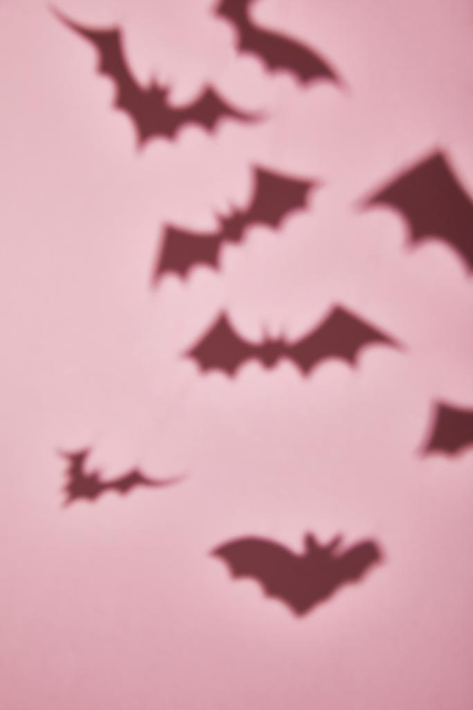 shadow of flying bats on pink background, Halloween decoration - Photo, Image