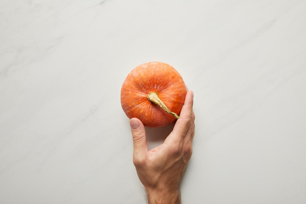 cropped view of male hand near whole fresh pumpkin on white marble surface - Photo, Image