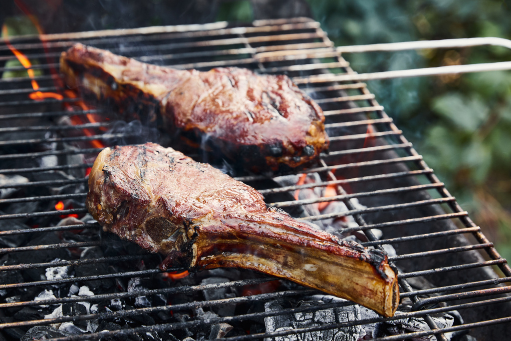 gustosa grigliata di carne sulla griglia del barbecue e pezzi di carbone all'esterno
  - Foto, immagini