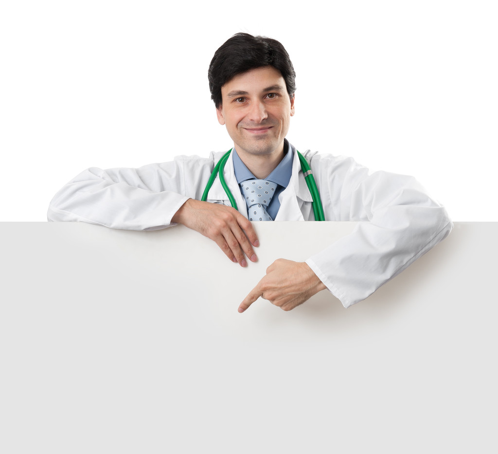 Doctor con banner en blanco
 - Foto, Imagen