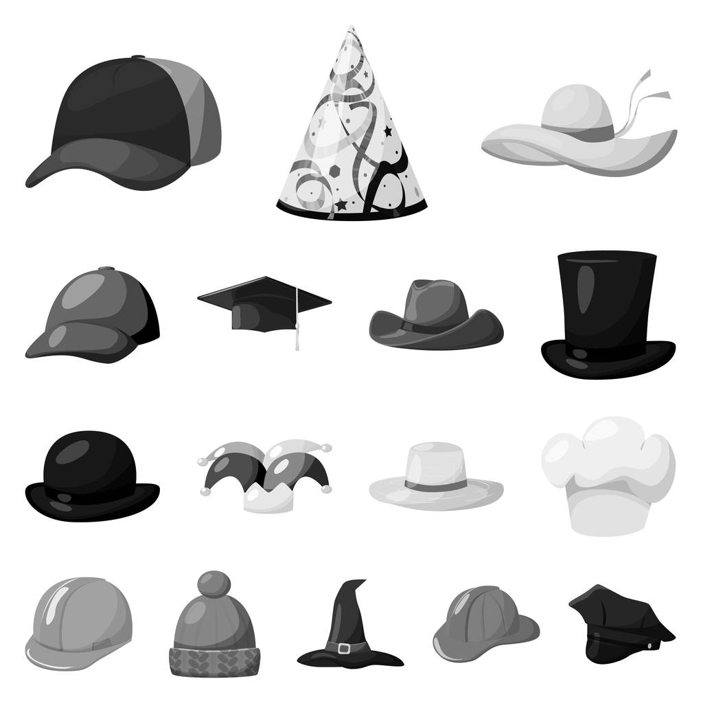 Oggetto isolato di cappello e simbolo del casco. Raccolta di cappello e professione stock symbol per web
. - Vettoriali, immagini