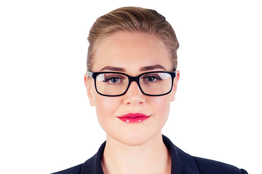 portrait of successful business clever woman blonde hairstyle perfect make-up red lips in stylish black suit putting on glasses studio shot white isolate. vision idea - Photo, Image