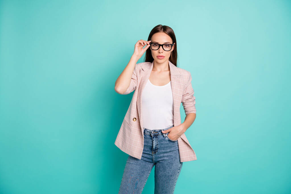 Portrait of her she nice-looking attractive lovely pretty feminine content straight-haired lady touching specs posing isolated over bright vivid shine blue green teal turquoise background - Photo, Image