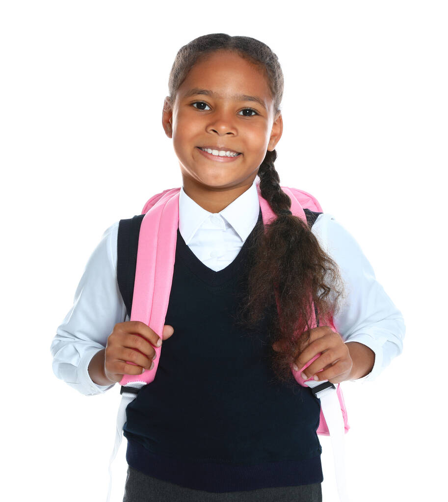 Felice afro-americano ragazza in uniforme scolastica su sfondo bianco
 - Foto, immagini