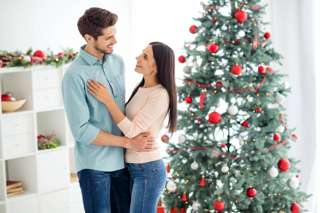 Retrato de dos personas cónyuges románticos con abrazos de pelo moreno disfrutar de vacaciones navideñas x-mas usando vaqueros azules camisa suéter pastel en casa con decoración de año nuevo en el interior
 - Foto, imagen