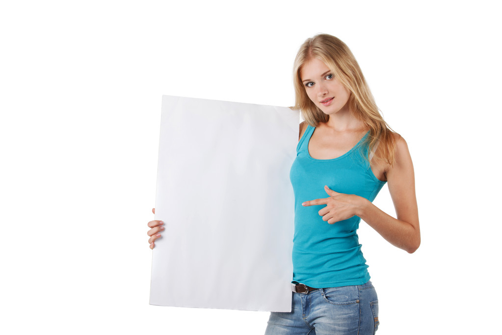 Mujer señalando a un tablero en blanco
 - Foto, Imagen