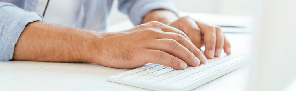 панорамний знімок людини, що друкується на клавіатурі комп'ютера
  - Фото, зображення