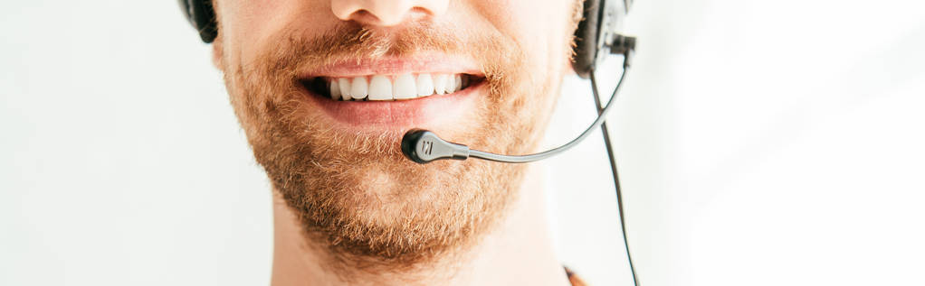 panoramisch schot van de bebaarde makelaar in de headset glimlachend op kantoor  - Foto, afbeelding