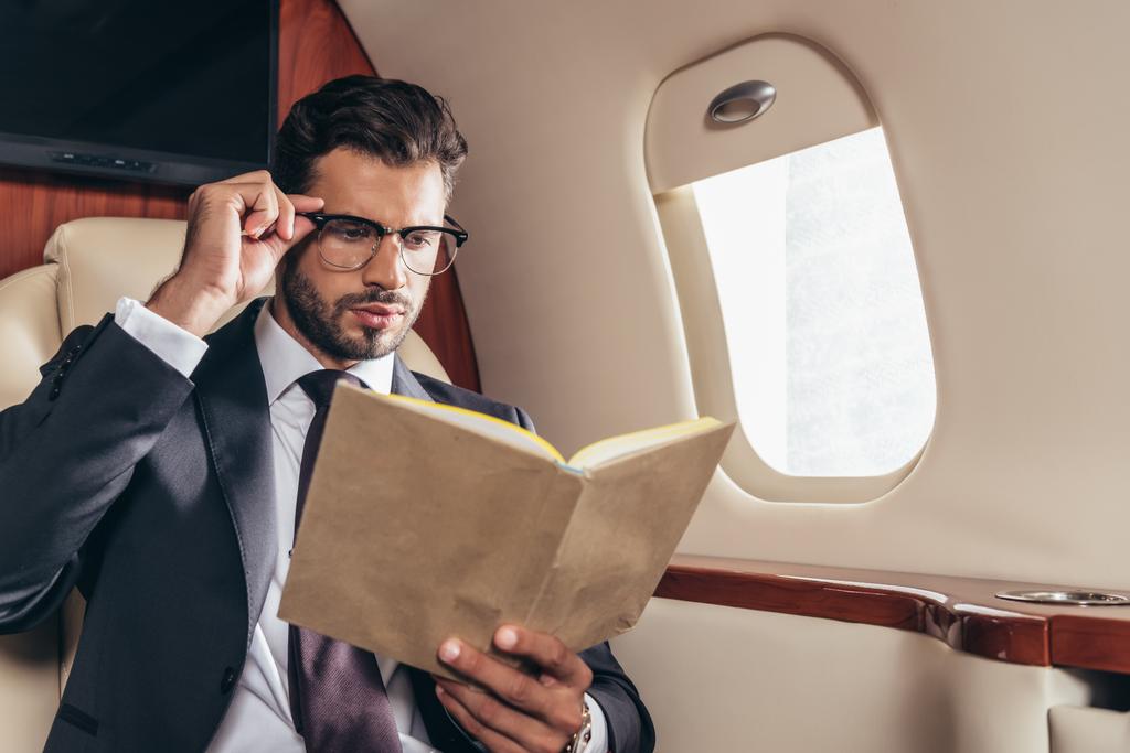 handsome businessman in suit reading book in private plane  - 写真・画像