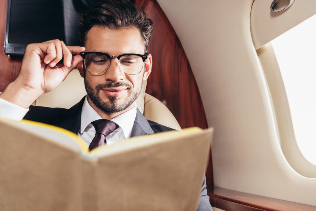 foco seletivo de empresário bonito no livro de leitura de terno em avião privado
  - Foto, Imagem
