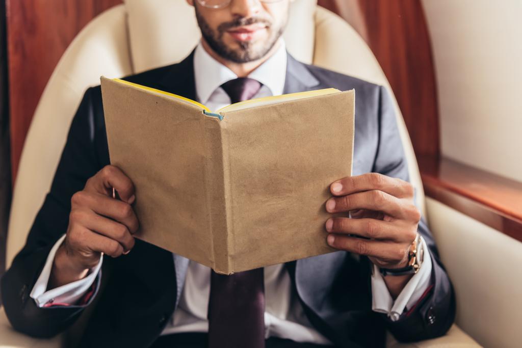 bijgesneden beeld van zakenman in pak leesboek in prive-vliegtuig  - Foto, afbeelding