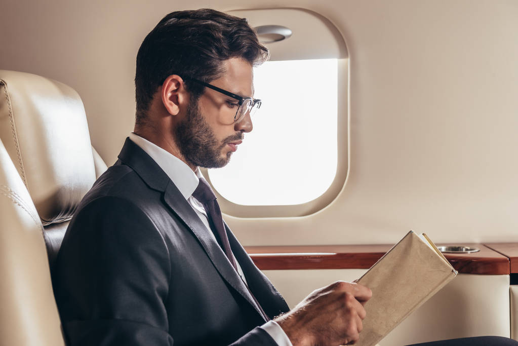 πλαϊνή άποψη του όμορφου επιχειρηματία στο βιβλίο ανάγνωσης κοστουμιών σε ιδιωτικό αεροπλάνο  - Φωτογραφία, εικόνα