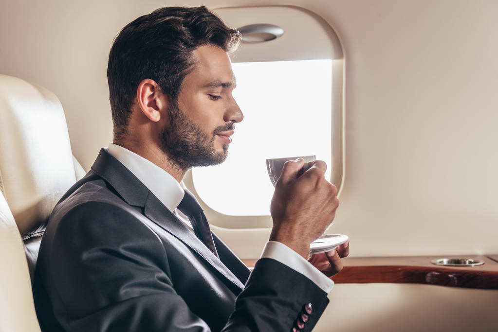 Özel uçakta elinde kahve tutan takım elbiseli yakışıklı işadamının yan görüntüsü.  - Fotoğraf, Görsel