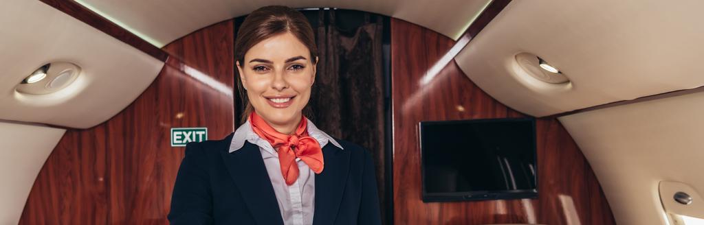 панорамный снимок улыбающейся стюардессы в форме в частном самолете
  - Фото, изображение