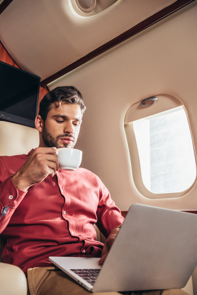 handsome man in shirt using laptop and holding cup in private plane  - Photo, Image