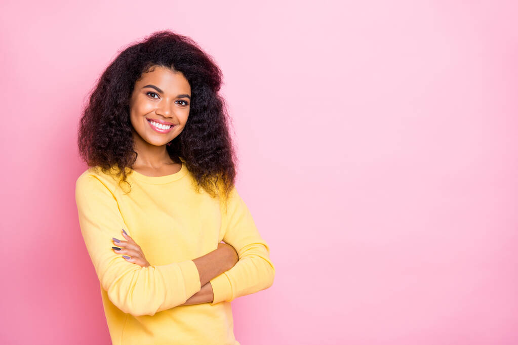 Turned photo of charming positive african girl real entrepreneur feel glad on her work job feel relax with friends colleagues wear yellow pullover jumper isolated over pastel color background - Photo, Image
