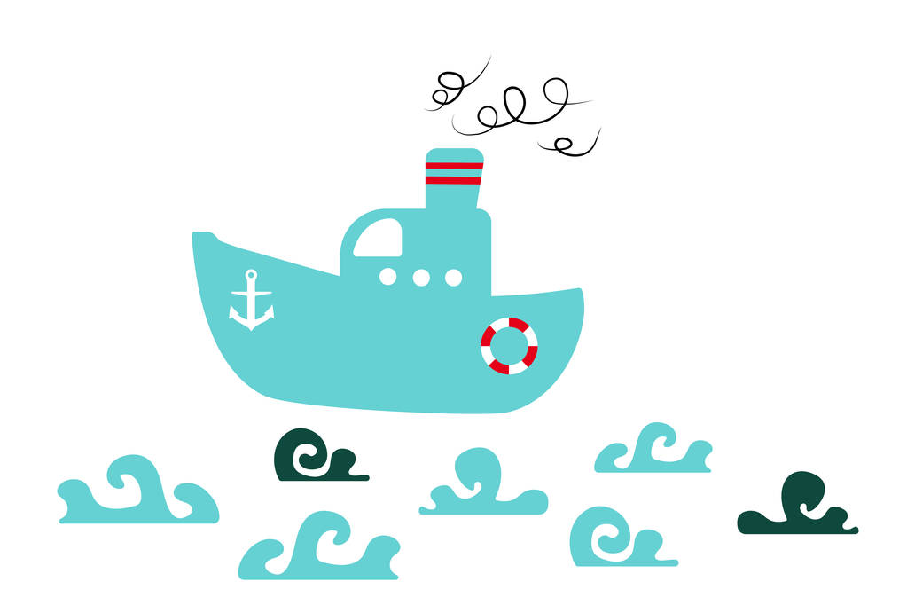 Izolovaná modrá loď a vlny na bílém pozadí. plochý vektor. ilustrace - Vektor, obrázek