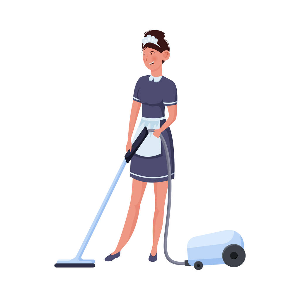 Žena služka v uniformě vysávání koberec a podlahové vektorové ilustrace - Vektor, obrázek