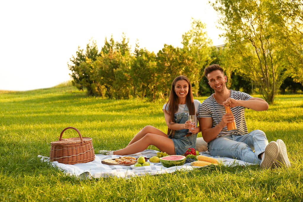 Pareja feliz haciendo un picnic en el parque en un día soleado - Foto, Imagen
