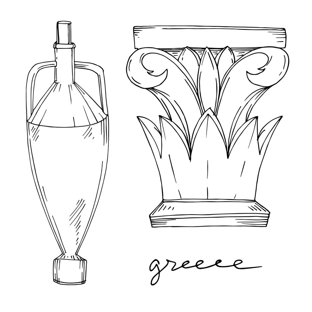 Vector Antique greek amphoras and columns. Black and white engraved ink art. Isolated ancient illustration element. - Vector, Image