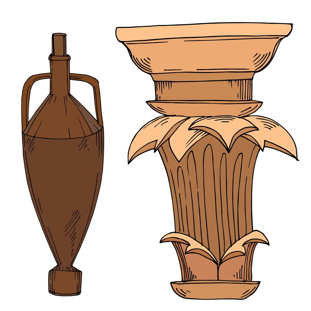 Vector Antique greek amphoras and columns. Black and white engraved ink art. Isolated ancient illustration element. - Vector, Image