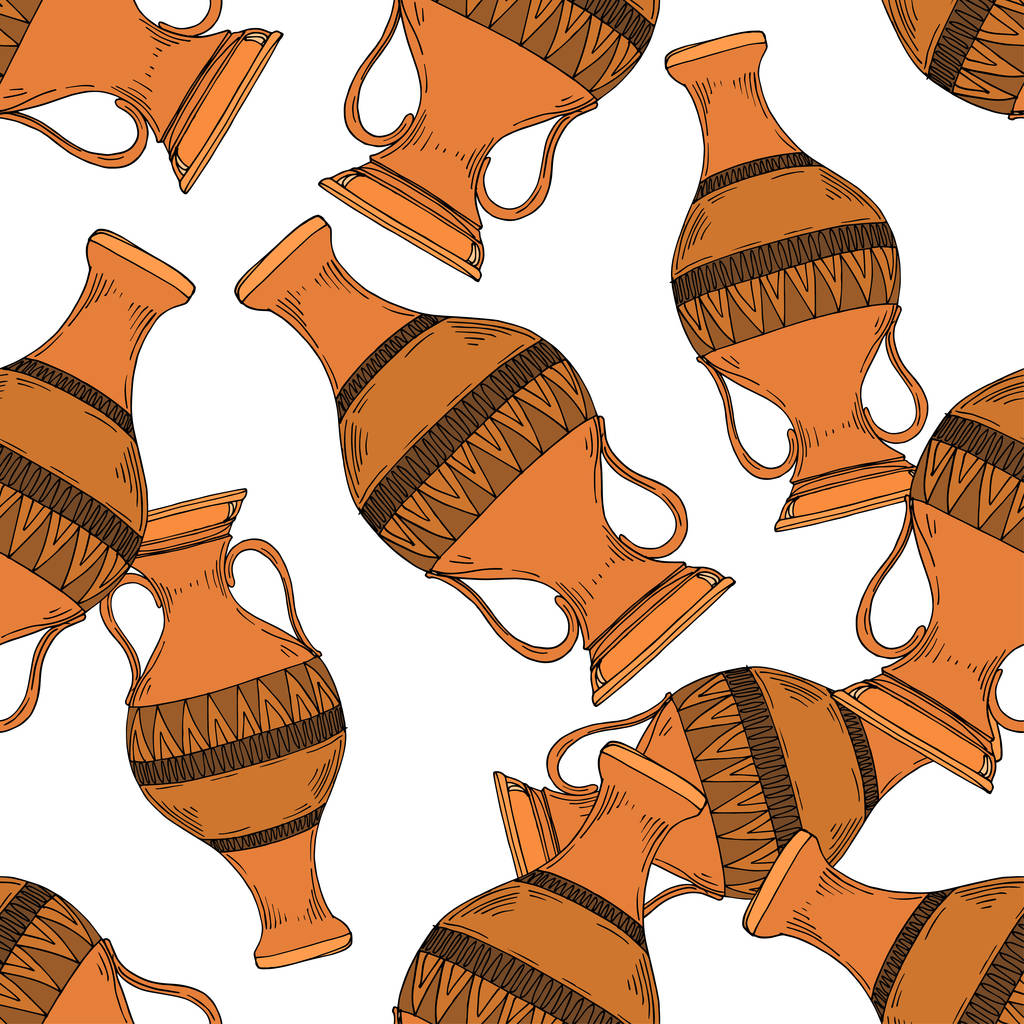 Vector Antique greek amphoras. Black and white engraved ink art. Seamless background pattern. - Vector, Image